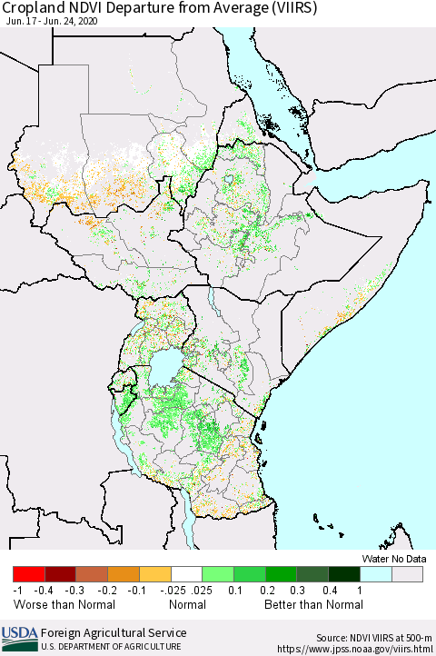 Eastern Africa Cropland NDVI Departure from Average (VIIRS) Thematic Map For 6/21/2020 - 6/30/2020