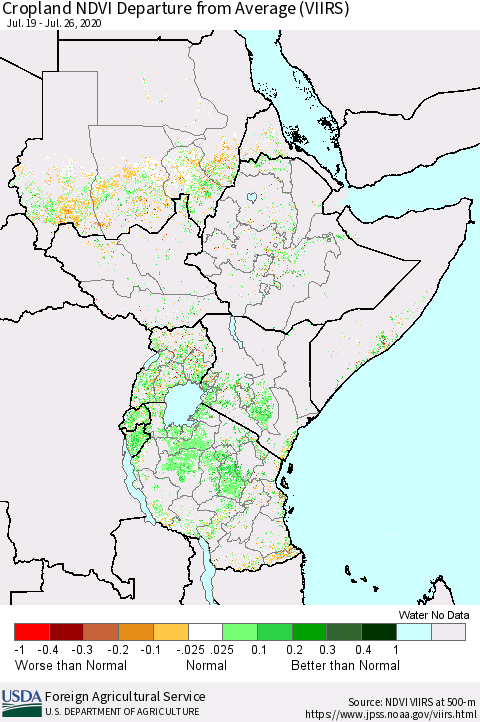 Eastern Africa Cropland NDVI Departure from Average (VIIRS) Thematic Map For 7/21/2020 - 7/31/2020