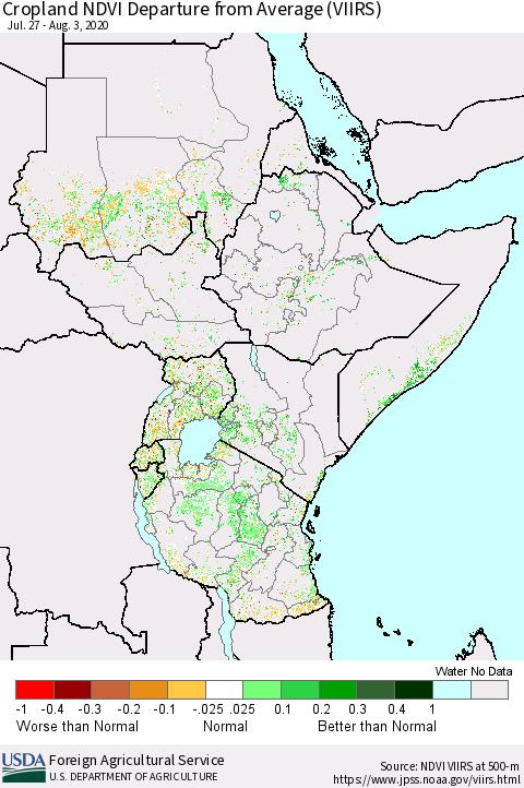 Eastern Africa Cropland NDVI Departure from Average (VIIRS) Thematic Map For 8/1/2020 - 8/10/2020