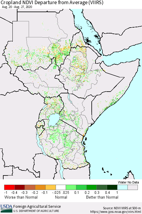 Eastern Africa Cropland NDVI Departure from Average (VIIRS) Thematic Map For 8/21/2020 - 8/31/2020