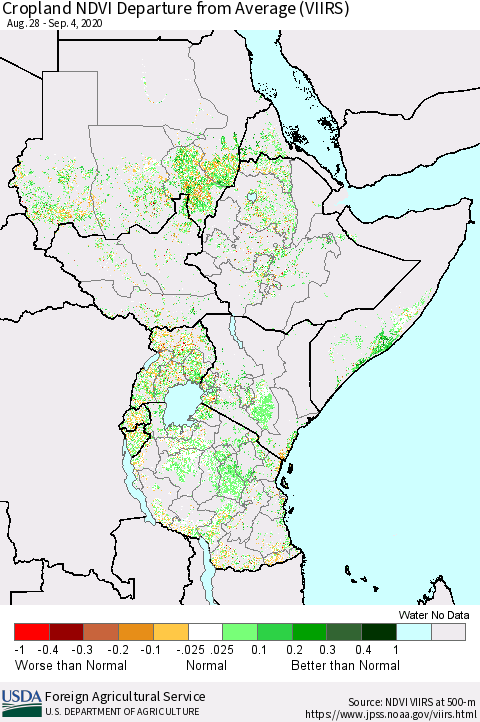 Eastern Africa Cropland NDVI Departure from Average (VIIRS) Thematic Map For 9/1/2020 - 9/10/2020
