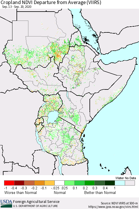 Eastern Africa Cropland NDVI Departure from Average (VIIRS) Thematic Map For 9/11/2020 - 9/20/2020