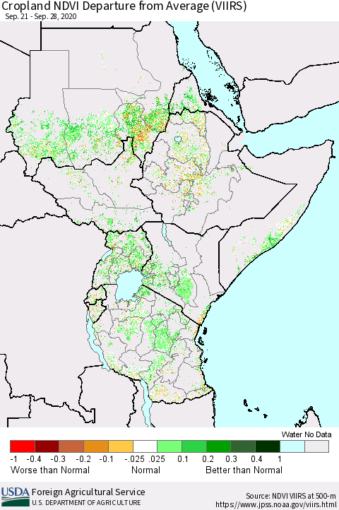 Eastern Africa Cropland NDVI Departure from Average (VIIRS) Thematic Map For 9/21/2020 - 9/30/2020