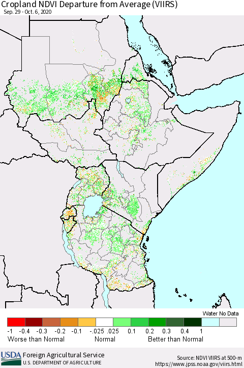 Eastern Africa Cropland NDVI Departure from Average (VIIRS) Thematic Map For 10/1/2020 - 10/10/2020
