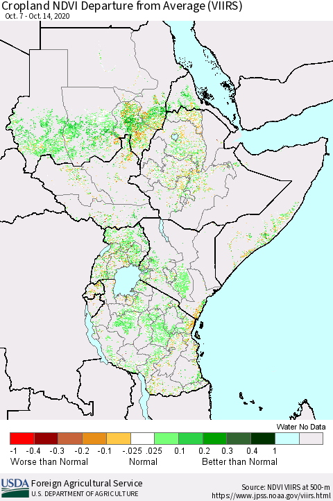 Eastern Africa Cropland NDVI Departure from Average (VIIRS) Thematic Map For 10/11/2020 - 10/20/2020