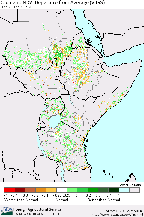 Eastern Africa Cropland NDVI Departure from Average (VIIRS) Thematic Map For 10/21/2020 - 10/31/2020