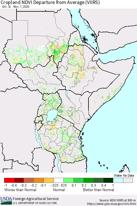 Eastern Africa Cropland NDVI Departure from Average (VIIRS) Thematic Map For 11/1/2020 - 11/10/2020