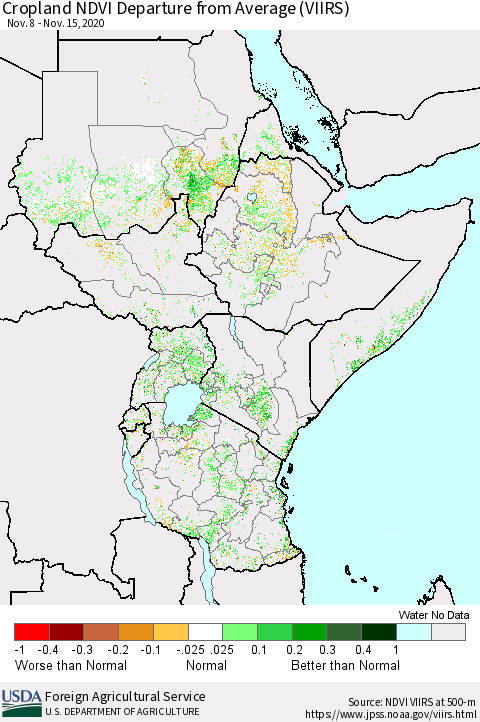 Eastern Africa Cropland NDVI Departure from Average (VIIRS) Thematic Map For 11/11/2020 - 11/20/2020