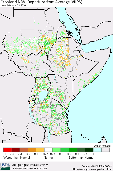 Eastern Africa Cropland NDVI Departure from Average (VIIRS) Thematic Map For 11/21/2020 - 11/30/2020