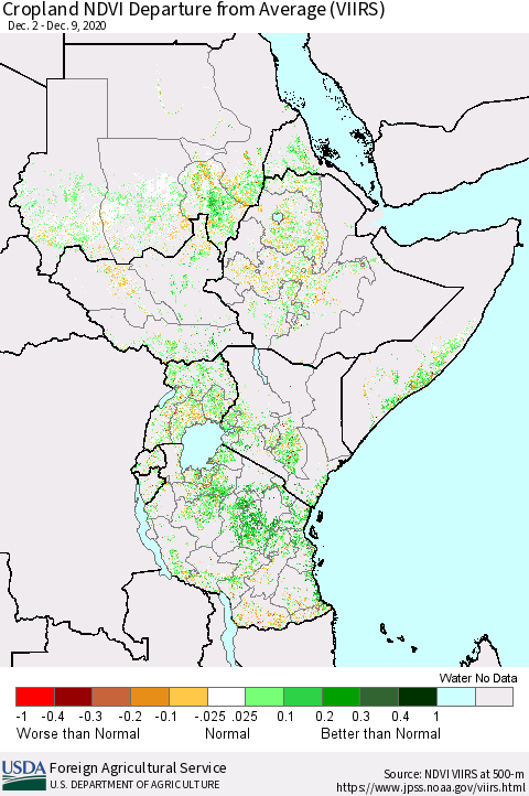 Eastern Africa Cropland NDVI Departure from Average (VIIRS) Thematic Map For 12/1/2020 - 12/10/2020