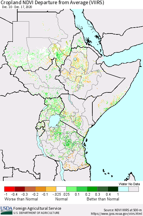 Eastern Africa Cropland NDVI Departure from Average (VIIRS) Thematic Map For 12/11/2020 - 12/20/2020