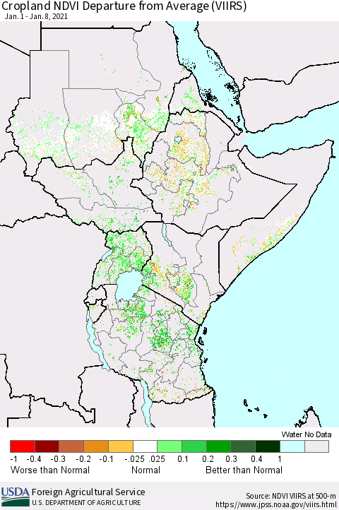 Eastern Africa Cropland NDVI Departure from Average (VIIRS) Thematic Map For 1/1/2021 - 1/10/2021