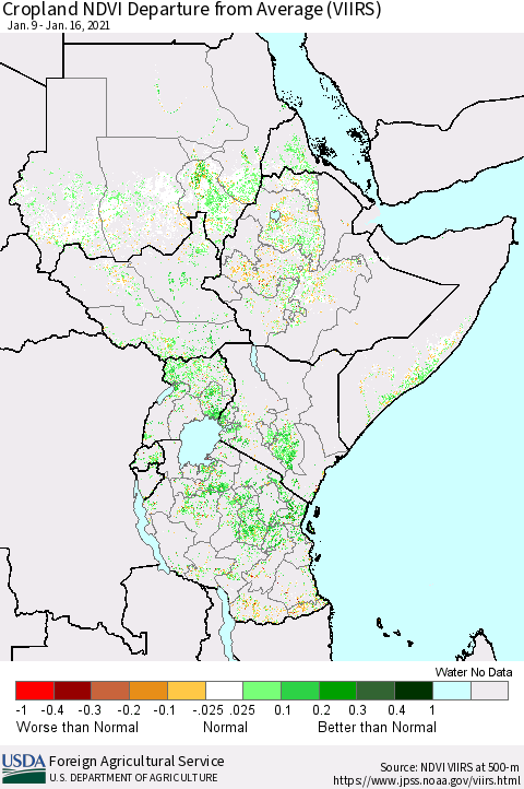 Eastern Africa Cropland NDVI Departure from Average (VIIRS) Thematic Map For 1/11/2021 - 1/20/2021