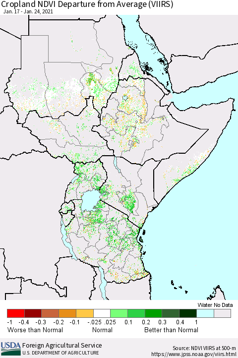 Eastern Africa Cropland NDVI Departure from Average (VIIRS) Thematic Map For 1/21/2021 - 1/31/2021