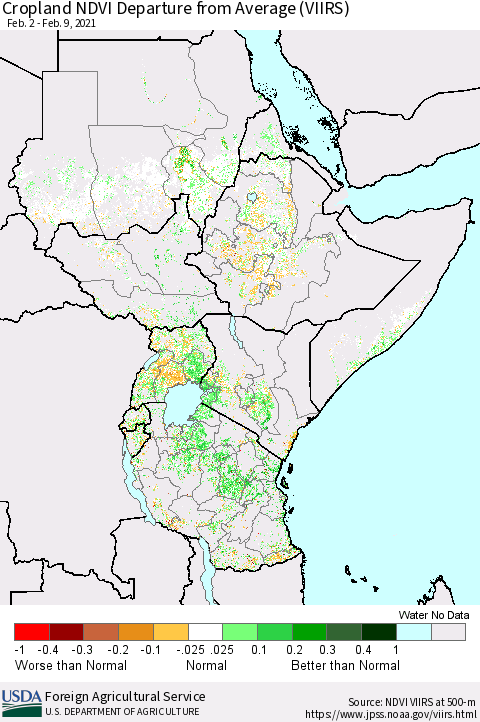 Eastern Africa Cropland NDVI Departure from Average (VIIRS) Thematic Map For 2/1/2021 - 2/10/2021