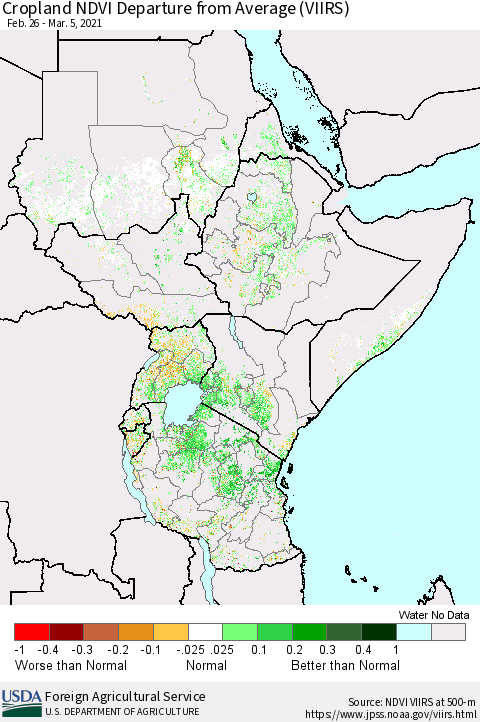 Eastern Africa Cropland NDVI Departure from Average (VIIRS) Thematic Map For 3/1/2021 - 3/10/2021