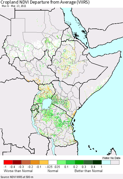 Eastern Africa Cropland NDVI Departure from Average (VIIRS) Thematic Map For 3/6/2021 - 3/13/2021