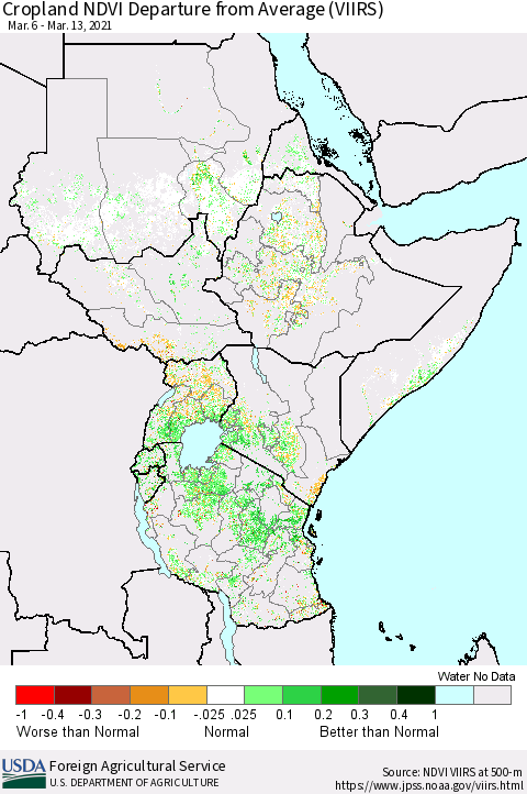 Eastern Africa Cropland NDVI Departure from Average (VIIRS) Thematic Map For 3/11/2021 - 3/20/2021