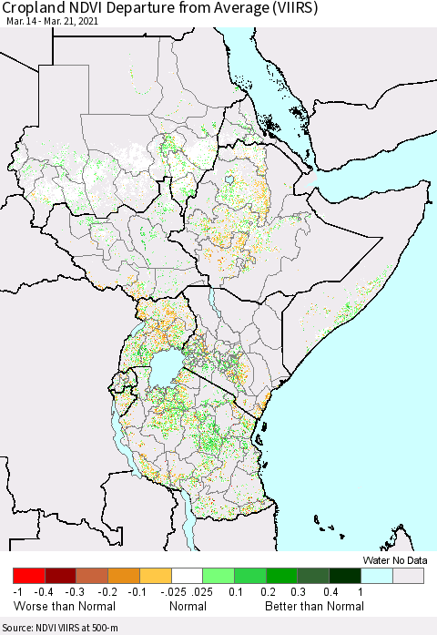Eastern Africa Cropland NDVI Departure from Average (VIIRS) Thematic Map For 3/14/2021 - 3/21/2021