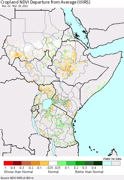 Eastern Africa Cropland NDVI Departure from Average (VIIRS) Thematic Map For 3/22/2021 - 3/29/2021