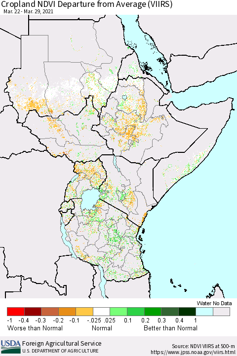 Eastern Africa Cropland NDVI Departure from Average (VIIRS) Thematic Map For 3/21/2021 - 3/31/2021