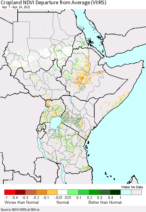 Eastern Africa Cropland NDVI Departure from Average (VIIRS) Thematic Map For 4/7/2021 - 4/14/2021