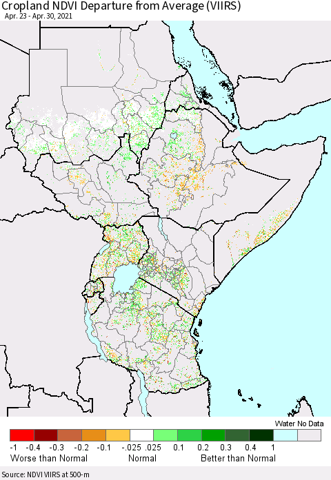 Eastern Africa Cropland NDVI Departure from Average (VIIRS) Thematic Map For 4/23/2021 - 4/30/2021