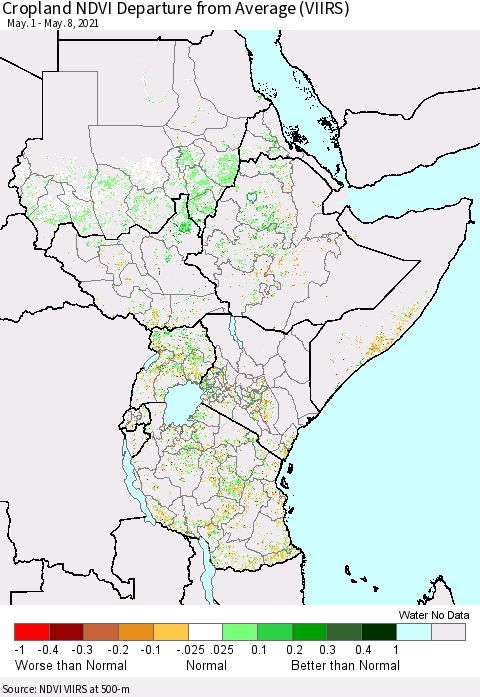 Eastern Africa Cropland NDVI Departure from Average (VIIRS) Thematic Map For 5/1/2021 - 5/8/2021