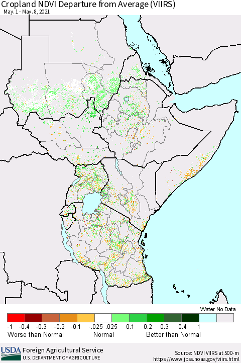 Eastern Africa Cropland NDVI Departure from Average (VIIRS) Thematic Map For 5/1/2021 - 5/10/2021