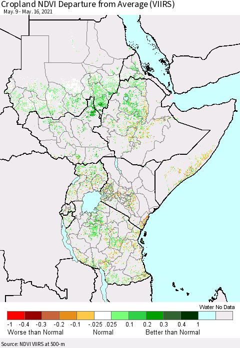 Eastern Africa Cropland NDVI Departure from Average (VIIRS) Thematic Map For 5/9/2021 - 5/16/2021