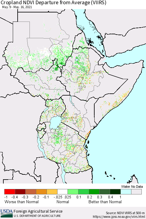 Eastern Africa Cropland NDVI Departure from Average (VIIRS) Thematic Map For 5/11/2021 - 5/20/2021