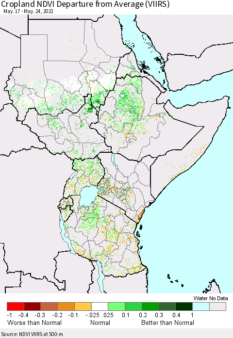 Eastern Africa Cropland NDVI Departure from Average (VIIRS) Thematic Map For 5/17/2021 - 5/24/2021