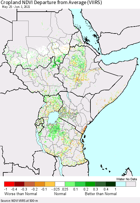 Eastern Africa Cropland NDVI Departure from Average (VIIRS) Thematic Map For 5/25/2021 - 6/1/2021