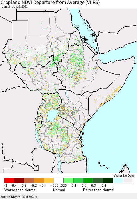 Eastern Africa Cropland NDVI Departure from Average (VIIRS) Thematic Map For 6/2/2021 - 6/9/2021