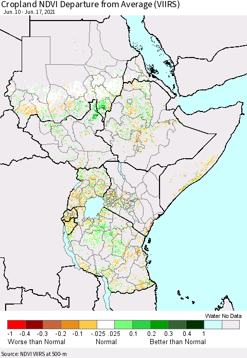 Eastern Africa Cropland NDVI Departure from Average (VIIRS) Thematic Map For 6/10/2021 - 6/17/2021