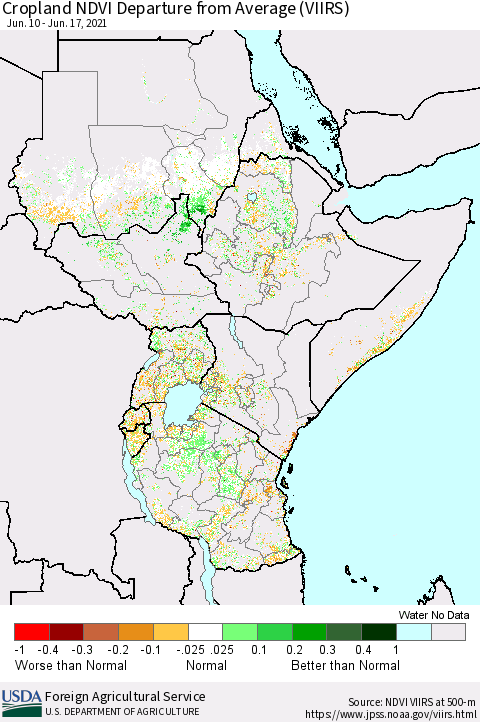 Eastern Africa Cropland NDVI Departure from Average (VIIRS) Thematic Map For 6/11/2021 - 6/20/2021