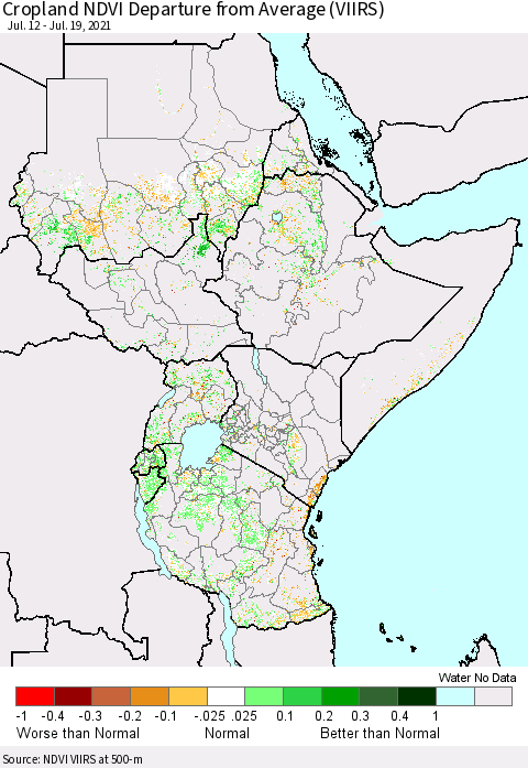 Eastern Africa Cropland NDVI Departure from Average (VIIRS) Thematic Map For 7/12/2021 - 7/19/2021