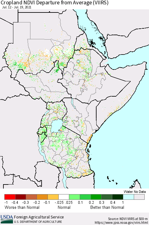 Eastern Africa Cropland NDVI Departure from Average (VIIRS) Thematic Map For 7/11/2021 - 7/20/2021