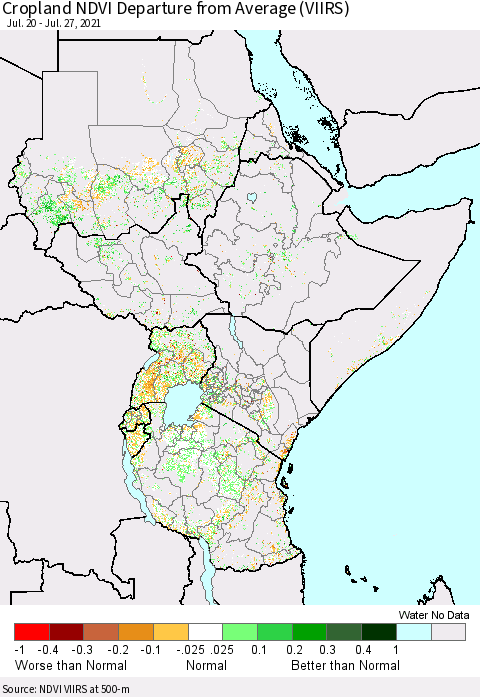 Eastern Africa Cropland NDVI Departure from Average (VIIRS) Thematic Map For 7/20/2021 - 7/27/2021