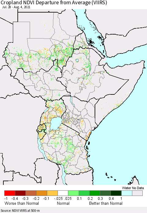 Eastern Africa Cropland NDVI Departure from Average (VIIRS) Thematic Map For 7/28/2021 - 8/4/2021