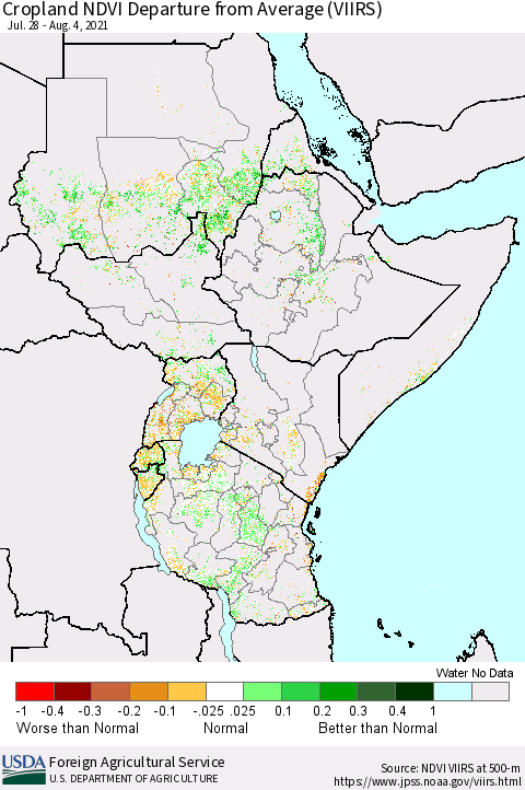 Eastern Africa Cropland NDVI Departure from Average (VIIRS) Thematic Map For 8/1/2021 - 8/10/2021