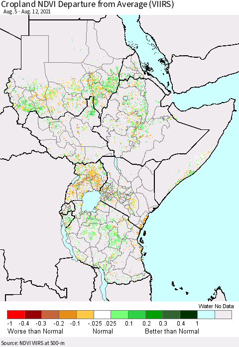 Eastern Africa Cropland NDVI Departure from Average (VIIRS) Thematic Map For 8/5/2021 - 8/12/2021