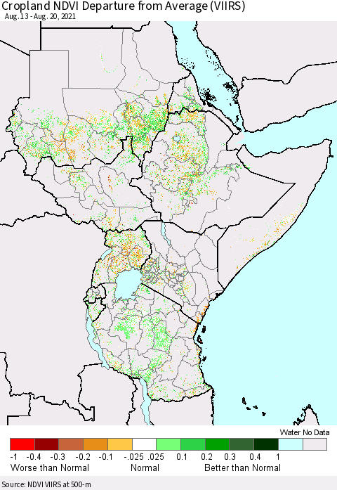Eastern Africa Cropland NDVI Departure from Average (VIIRS) Thematic Map For 8/11/2021 - 8/20/2021