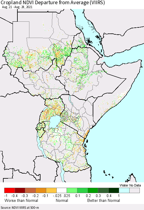 Eastern Africa Cropland NDVI Departure from Average (VIIRS) Thematic Map For 8/21/2021 - 8/28/2021
