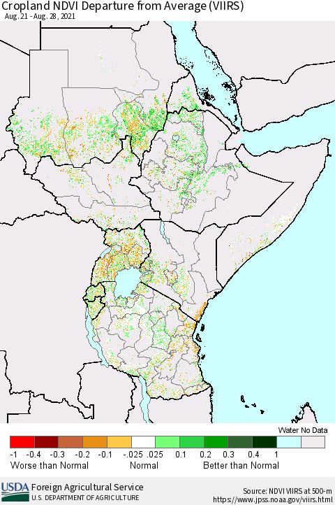 Eastern Africa Cropland NDVI Departure from Average (VIIRS) Thematic Map For 8/21/2021 - 8/31/2021