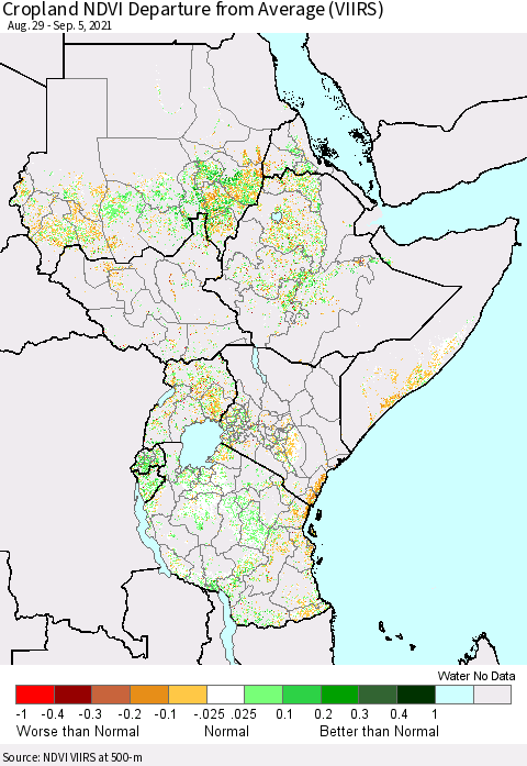 Eastern Africa Cropland NDVI Departure from Average (VIIRS) Thematic Map For 8/29/2021 - 9/5/2021