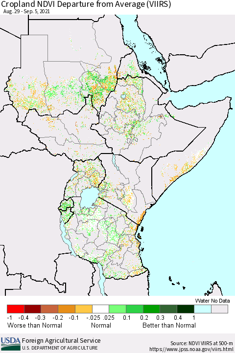 Eastern Africa Cropland NDVI Departure from Average (VIIRS) Thematic Map For 9/1/2021 - 9/10/2021