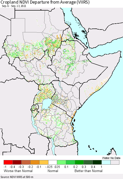 Eastern Africa Cropland NDVI Departure from Average (VIIRS) Thematic Map For 9/6/2021 - 9/13/2021