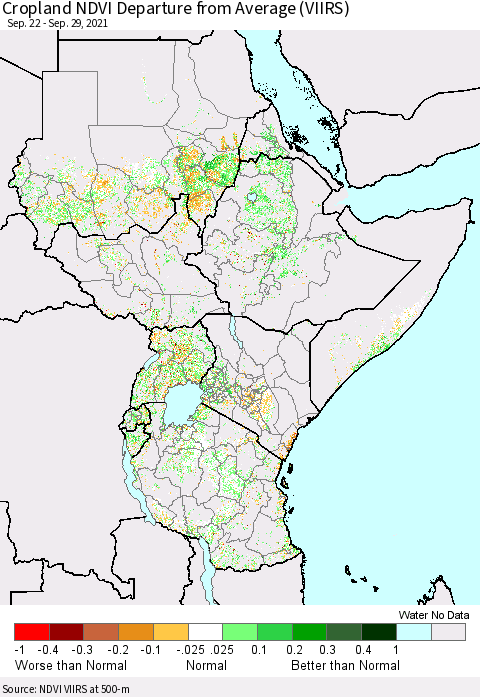 Eastern Africa Cropland NDVI Departure from Average (VIIRS) Thematic Map For 9/22/2021 - 9/29/2021