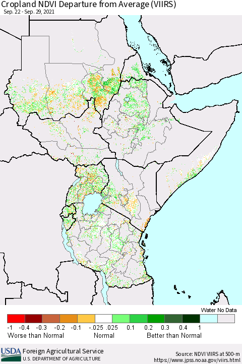 Eastern Africa Cropland NDVI Departure from Average (VIIRS) Thematic Map For 9/21/2021 - 9/30/2021